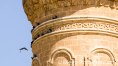 Palomas a la sombra tras el minarete de la mezquita vieja de Mardin